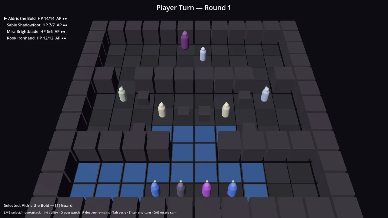 A twelve by twelve tactical grid with four heroes, cover blocks and movement range highlighted