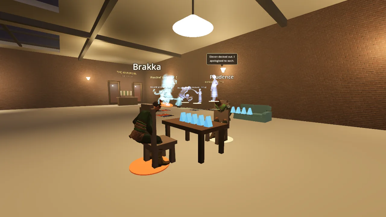Two players duelling at a table, units standing as holograms on the board between them